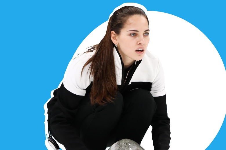 Curler Anastasia Bryzgalova, Olympic Athlete from Russia, in the mixed doubles curling bronze medal match with Alexander Krushelnitsky against Norway's Kristin Skaslien and Magnus Nedregotten during the 2018 Winter Olympic Games, at the Gangneung Curling Centre. Olympic Athletes from Russia won the game 8:4. Valery Sharifulin/TASS (Photo by Valery Sharifulin\TASS via Getty Images)